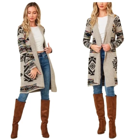 Northern Angel Boho Southwestern Aztec Cardigan Duster Sweater, Size Medium - Picture 2 of 10